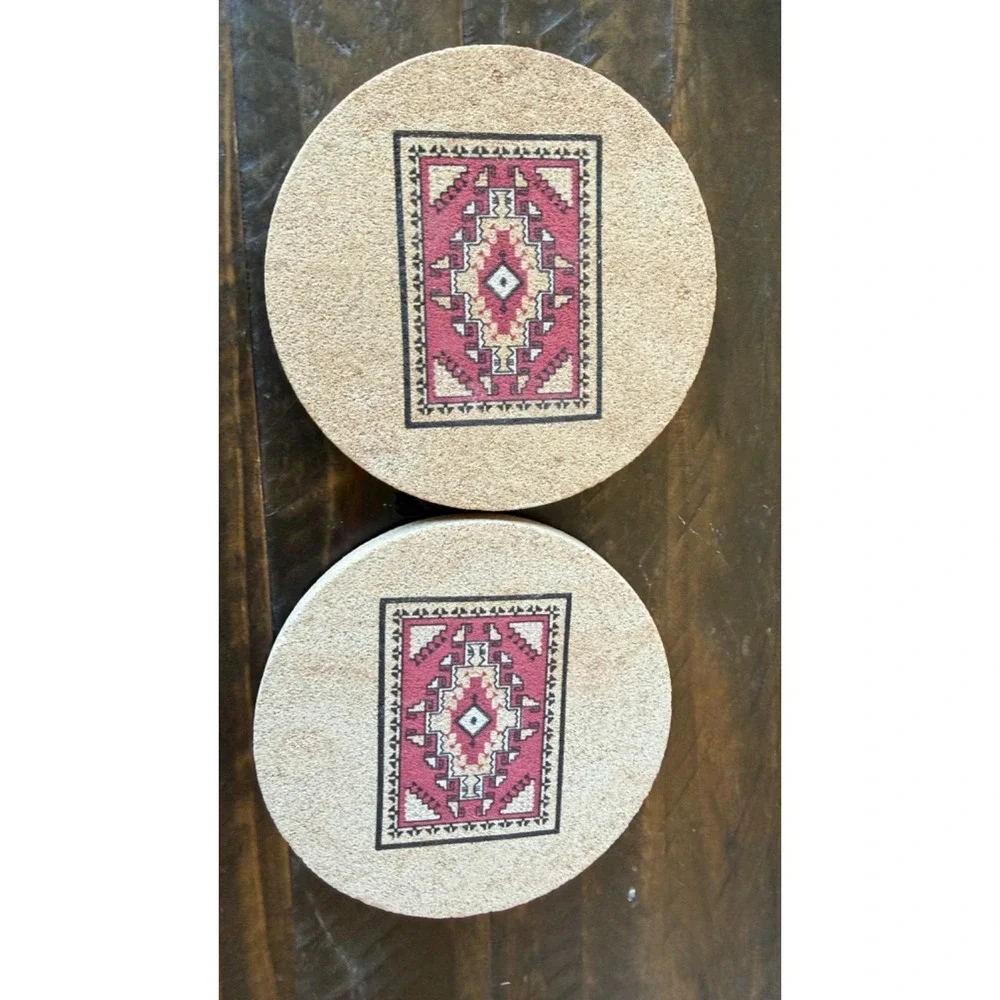 Vintage Pimpernel Cork Back Navajo Weaving Coasters Set of 2 Round Native Art